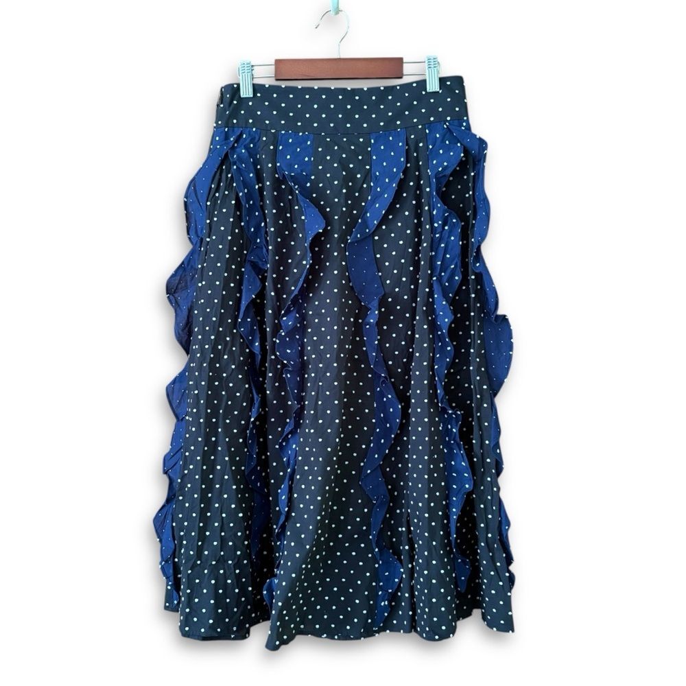 Marysia Resort Black & Blue Polka Dot Ruffle Midi Skirt NWOT Size XS Preppy